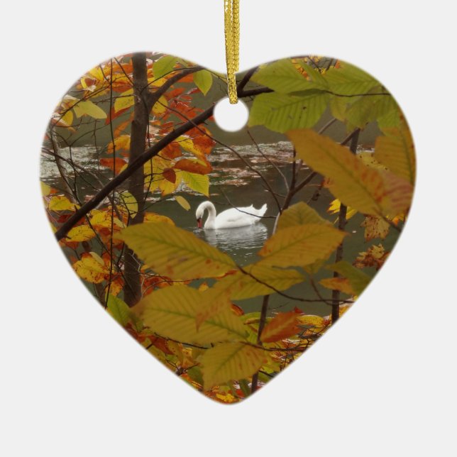 Autumn Pond with Swan Ceramic Ornament (Front)