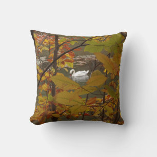 Autumn Pond with Swan Throw Pillow