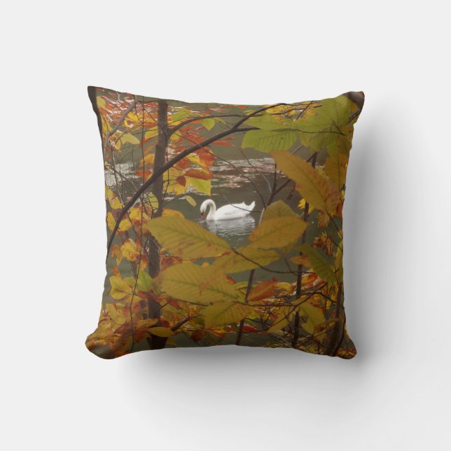 Autumn Pond with Swan Throw Pillow (Front)