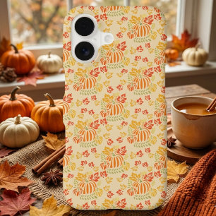Autumn Pumpkin And Falling Leaves Seamless Pattern