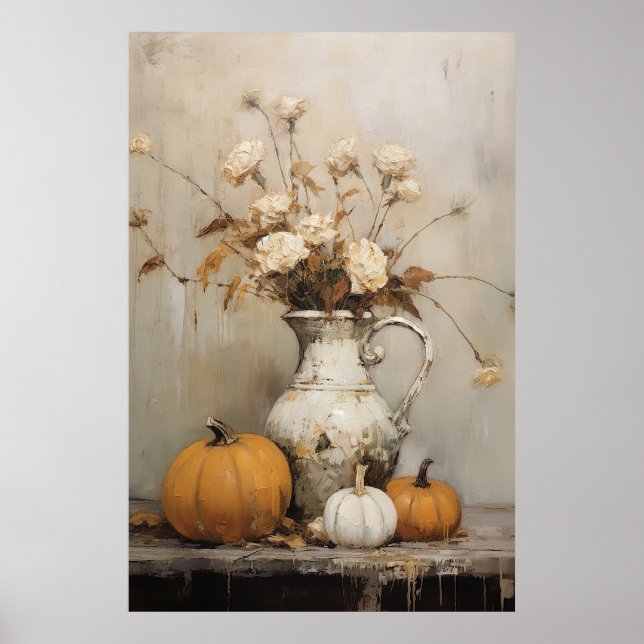 Autumn Pumpkin and Floral Still Life Painting Poster (Front)