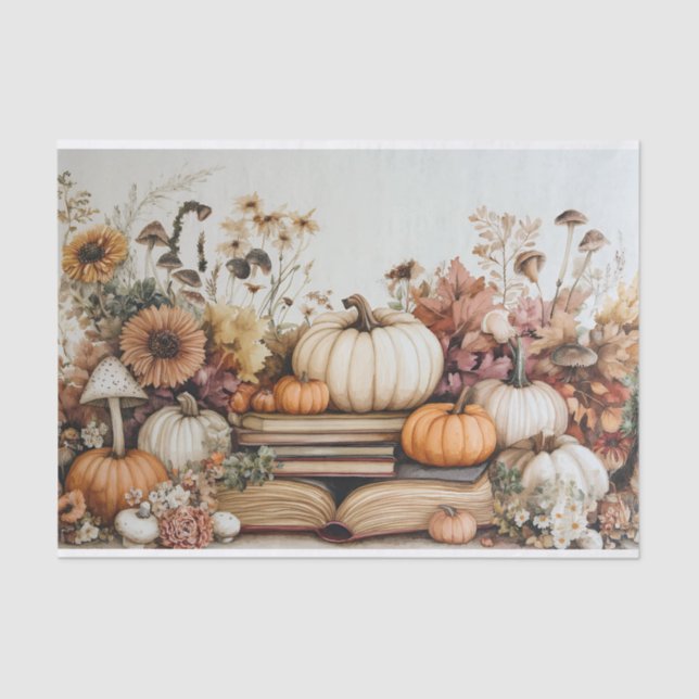 Autumn Pumpkin and Flowers Fall Decoupage Tissue Paper (Front)