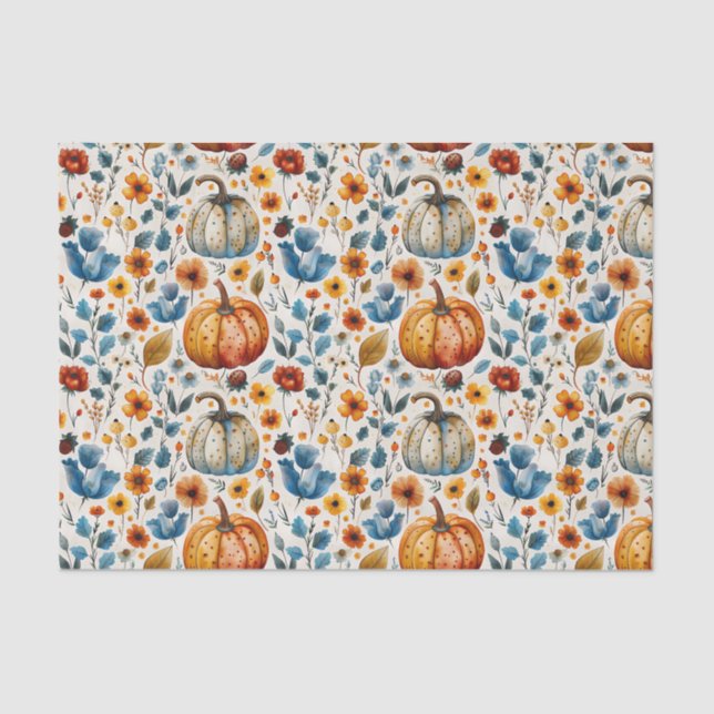 Autumn Pumpkin and Flowers Fall Decoupage Tissue Paper (Front)