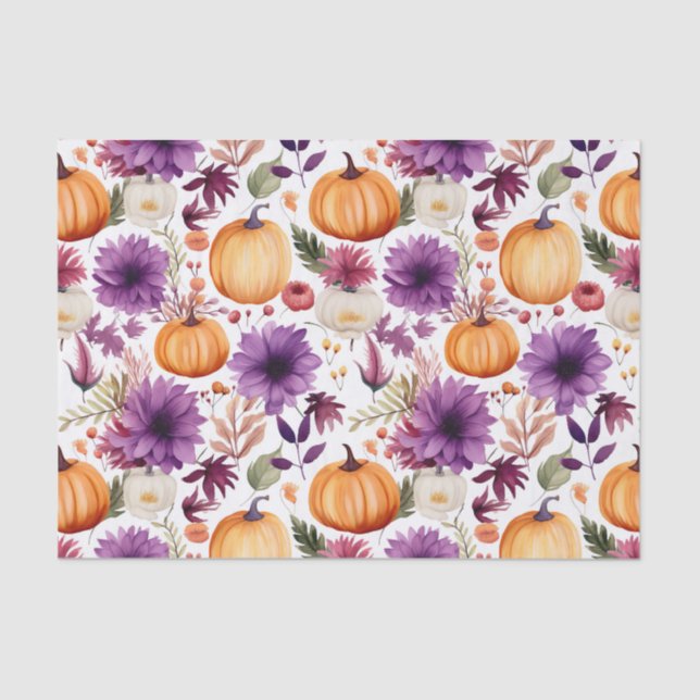 Autumn Pumpkin and Flowers Fall Decoupage Tissue Paper (Front)