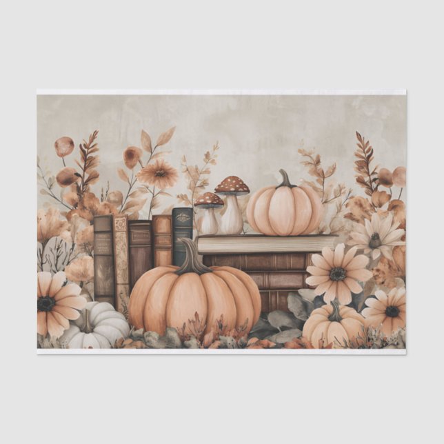 Autumn Pumpkin and Flowers Fall Decoupage Tissue Paper (Front)