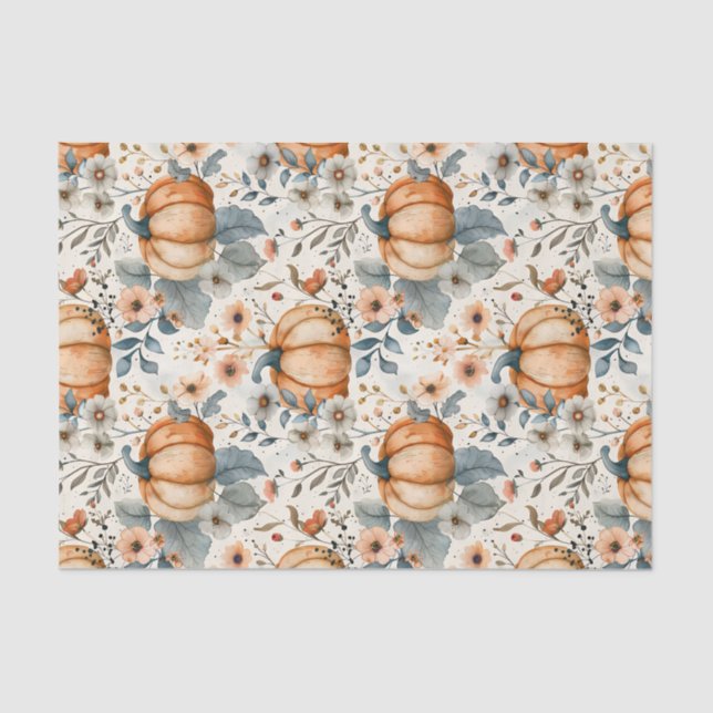 Autumn Pumpkin and Flowers Fall Decoupage Tissue Paper (Front)