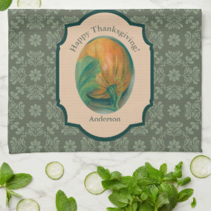 Autumn Pumpkin and Leaf Personalized Thanksgiving Kitchen Towel