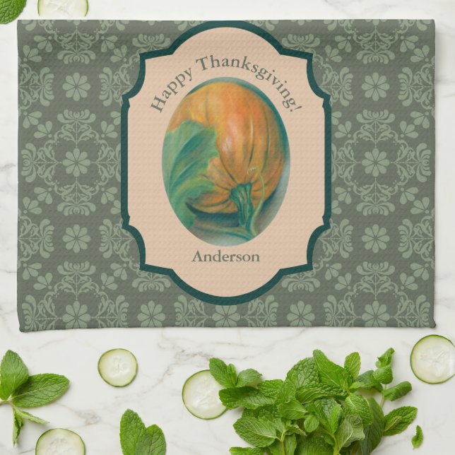 Autumn Pumpkin and Leaf Personalized Thanksgiving Kitchen Towel (Folded)