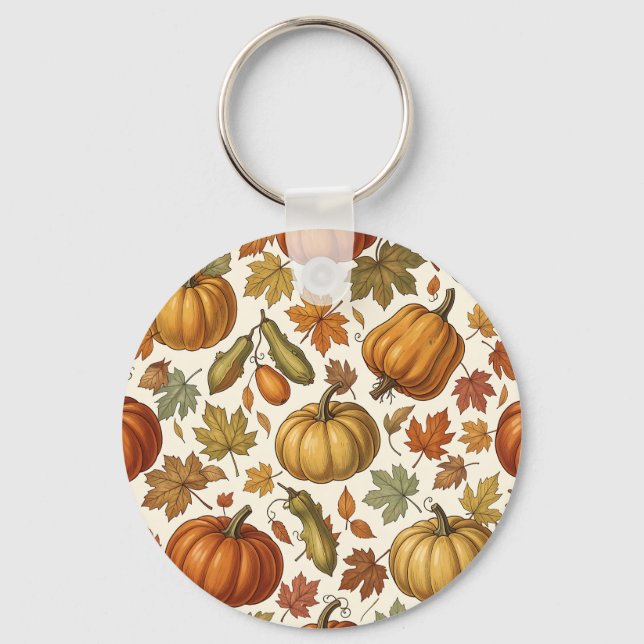 Autumn Pumpkin and Leaf Seamless Pattern  Keychain (Front)
