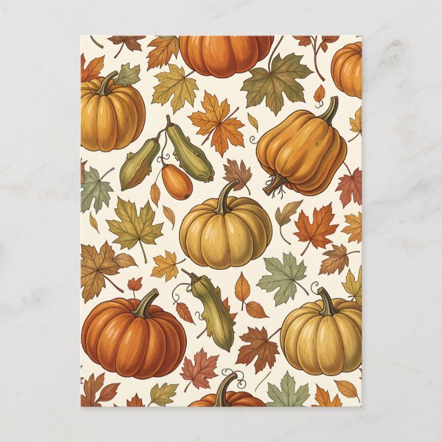 Autumn Pumpkin and Leaf Seamless Pattern  Postcard (Front)