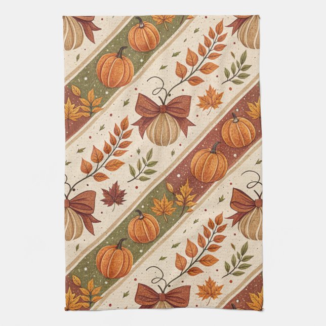 Autumn Pumpkin and Leaves Fall Pattern Kitchen Towel (Vertical)