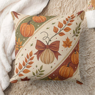 Autumn Pumpkin and Leaves Fall Pattern Throw Pillow