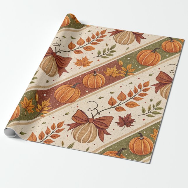 Autumn Pumpkin and Leaves Fall Pattern Wrapping Paper (Unrolled)