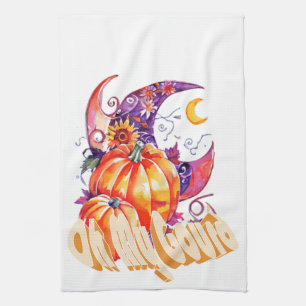 Autumn Pumpkin And Moon In Watercolor White Kitchen Towel