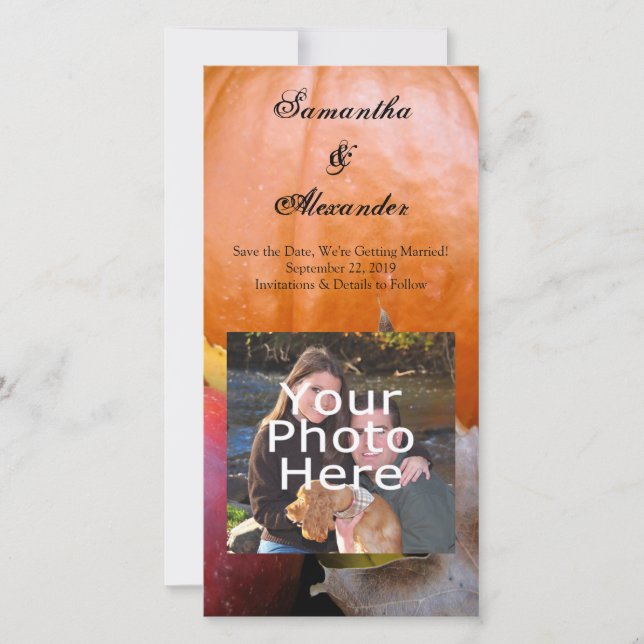 Autumn Pumpkin, Apple and Colourful Leaves Save The Date (Front)