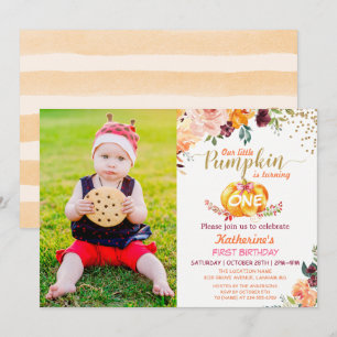 Autumn Pumpkin Baby Birthday with Kids Photo Invitation