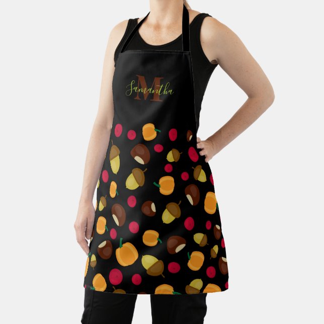 Autumn Pumpkin Berries Pattern Monogram Name Black Apron (Insitu)