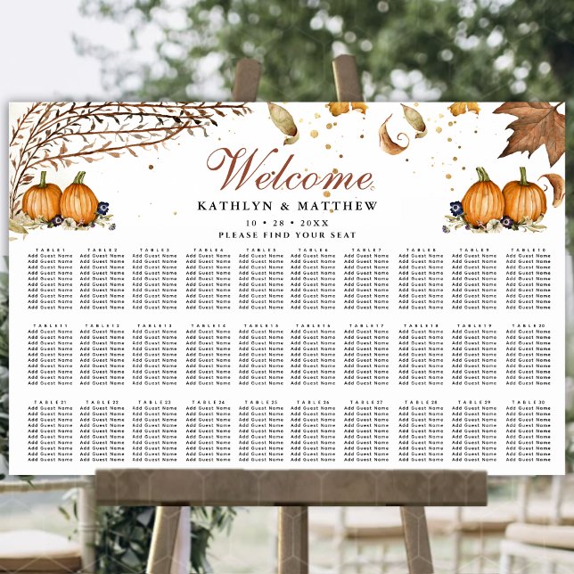 Autumn Pumpkin Botanical Wedding 30 Table Seating Poster (Creator Uploaded)