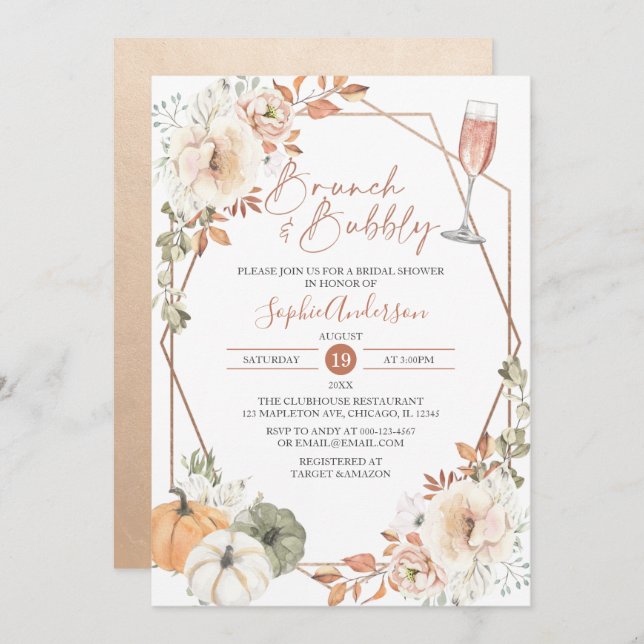 Autumn Pumpkin Brunch & Bubbly Fall Bridal Shower Invitation (Front/Back)