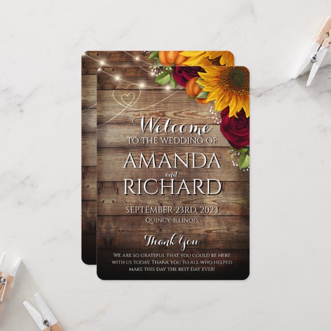 Autumn Pumpkin & Burgundy RosesWedding Program (Front/Back In Situ)