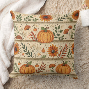Autumn Pumpkin Chrysanthemum Orange Stripe Pattern Throw Pillow