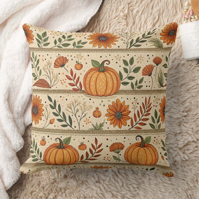 Autumn Pumpkin Chrysanthemum Orange Stripe Pattern Throw Pillow (Blanket)