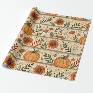 Autumn Pumpkin Chrysanthemum Orange Stripe Pattern Wrapping Paper