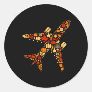 Autumn Pumpkin Fall Airplane Thanksgiving Womens M Classic Round Sticker