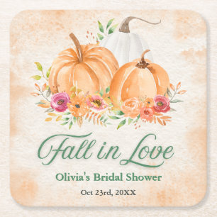 Autumn Pumpkin Fall in Love Bridal Shower Square Paper Coaster