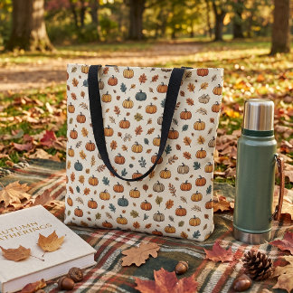 Autumn Pumpkin & Fall Leaf Pattern Tote Bag