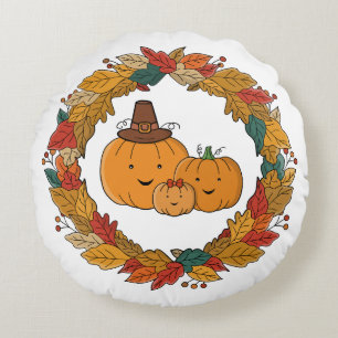 Autumn Pumpkin Family Wreath Round Pillow