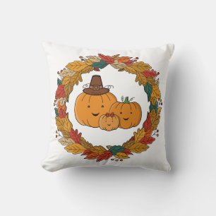 Autumn Pumpkin Family Wreath Throw Pillow