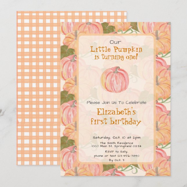 Autumn Pumpkin First Birthday Custom Name Invitation (Front/Back)