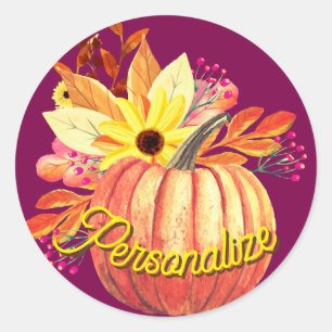 Autumn pumpkin floral orange purple wine classic round sticker