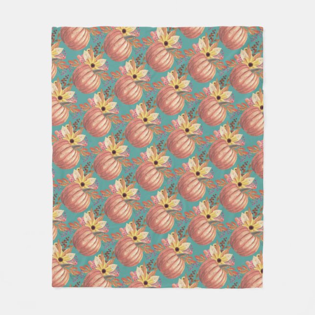 Autumn pumpkin floral terracotta orange and teal  fleece blanket (Front)