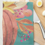 Autumn pumpkin floral terracotta orange teal kitchen towel<br><div class="desc">A dusky teal background embellished with a terracotta orange pumpkin and flowers in yellow,  pink and plumb purple.</div>