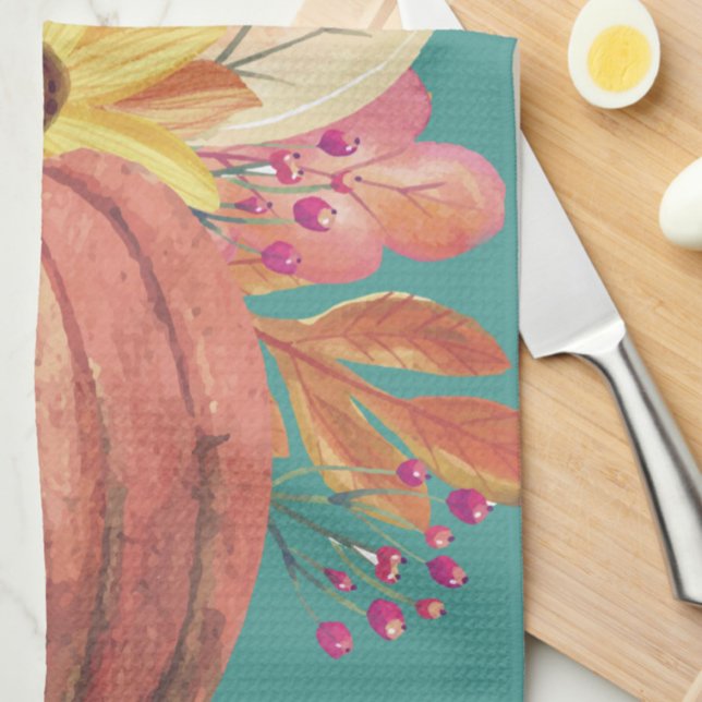 Autumn pumpkin floral terracotta orange teal kitchen towel (Creator Uploaded)