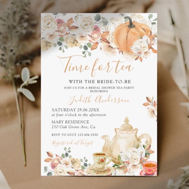 Autumn Pumpkin Floral Time for Tea Bridal Shower  Invitation (Creator Uploaded)