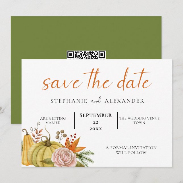 Autumn Pumpkin Floral Wedding QR Code Save The Date (Front/Back)