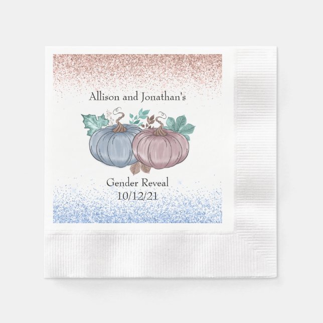 Autumn Pumpkin Gender Reveal pink blue glitter Napkin (Front)