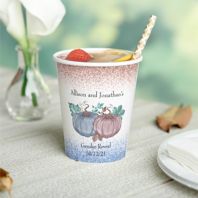 Autumn Pumpkin Gender Reveal pink blue glitter Paper Cups (Insitu)