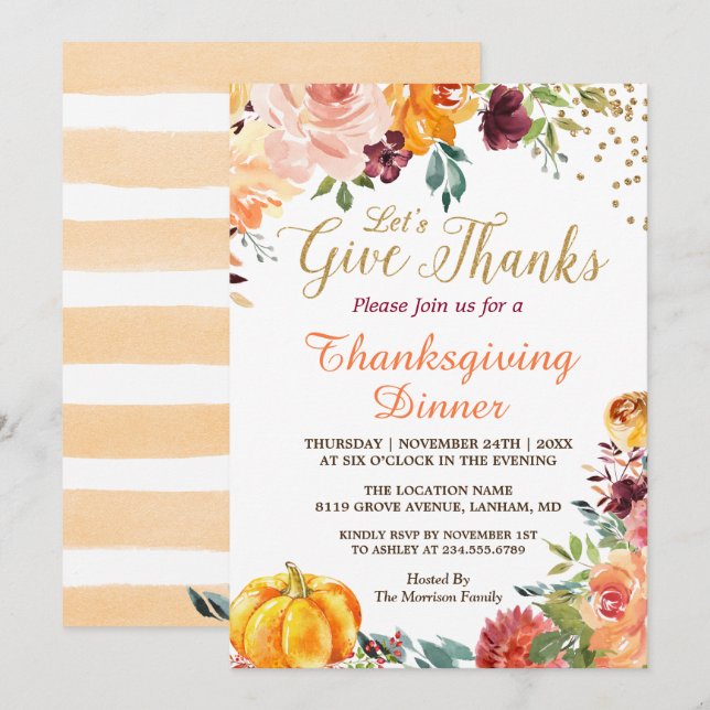 Autumn Pumpkin Give Thanks Thanksgiving Dinner Invitation (Front/Back)