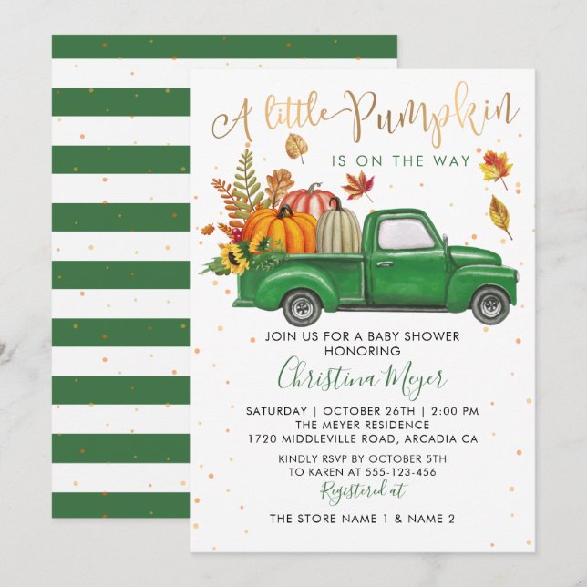 Autumn Pumpkin Green Truck Fall Baby Shower Invitation (Front/Back)