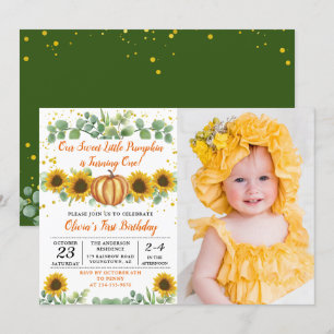 Autumn Pumpkin Greenery Sunflowers Birthday Photo Invitation