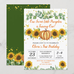 Autumn Pumpkin Greenery Sunflowers Fall Birthday Invitation