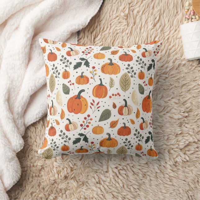 Autumn Pumpkin & Leaf Pattern | Cozy Fall Throw Pillow (Blanket)