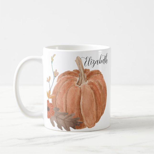 Autumn Pumpkin Leaves Floral Personalized Name S Coffee Mug (Left)