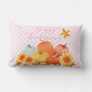 Autumn Pumpkin Pink Gingham Lumbar Pillow