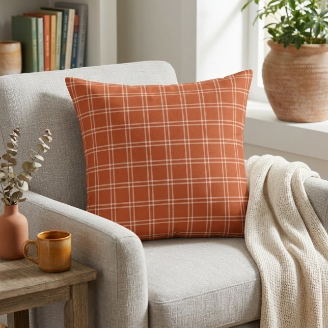 Autumn Pumpkin Plaid Cozy Rustic Throw Pillow (Autumn Pumpkin Plaid Cozy Rustic Throw Pillow)
