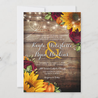 Autumn Pumpkin Roses Rustic Wood Lights Invitation